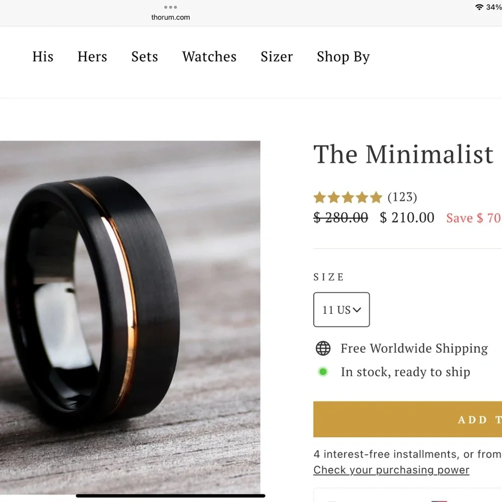 THORUM Minimalist Black Tungsten Gold Band Ring Size 11